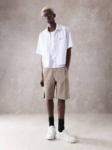 SUMWON 夏季超大号棒球纽扣衬衫短款上衣休闲运动街头短袖太阳标志印花都市时尚青年 - 白色 - 查看 7