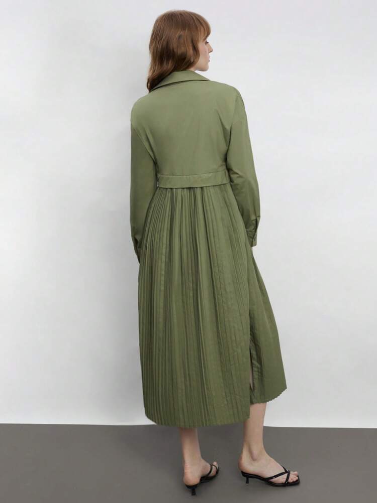 SHEIN Maija Green Long Sleeve Pleated Hem Casual Shirt Dress For Women, Fashionable Minimalist Style Suitable For Beach Vacation And Everyday Wear, Summer