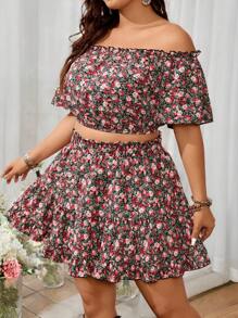 SHEIN VCAY 满身花卉印花露肩短款上衣和荷叶边下摆半身裙 - 紅色 - 查看 5