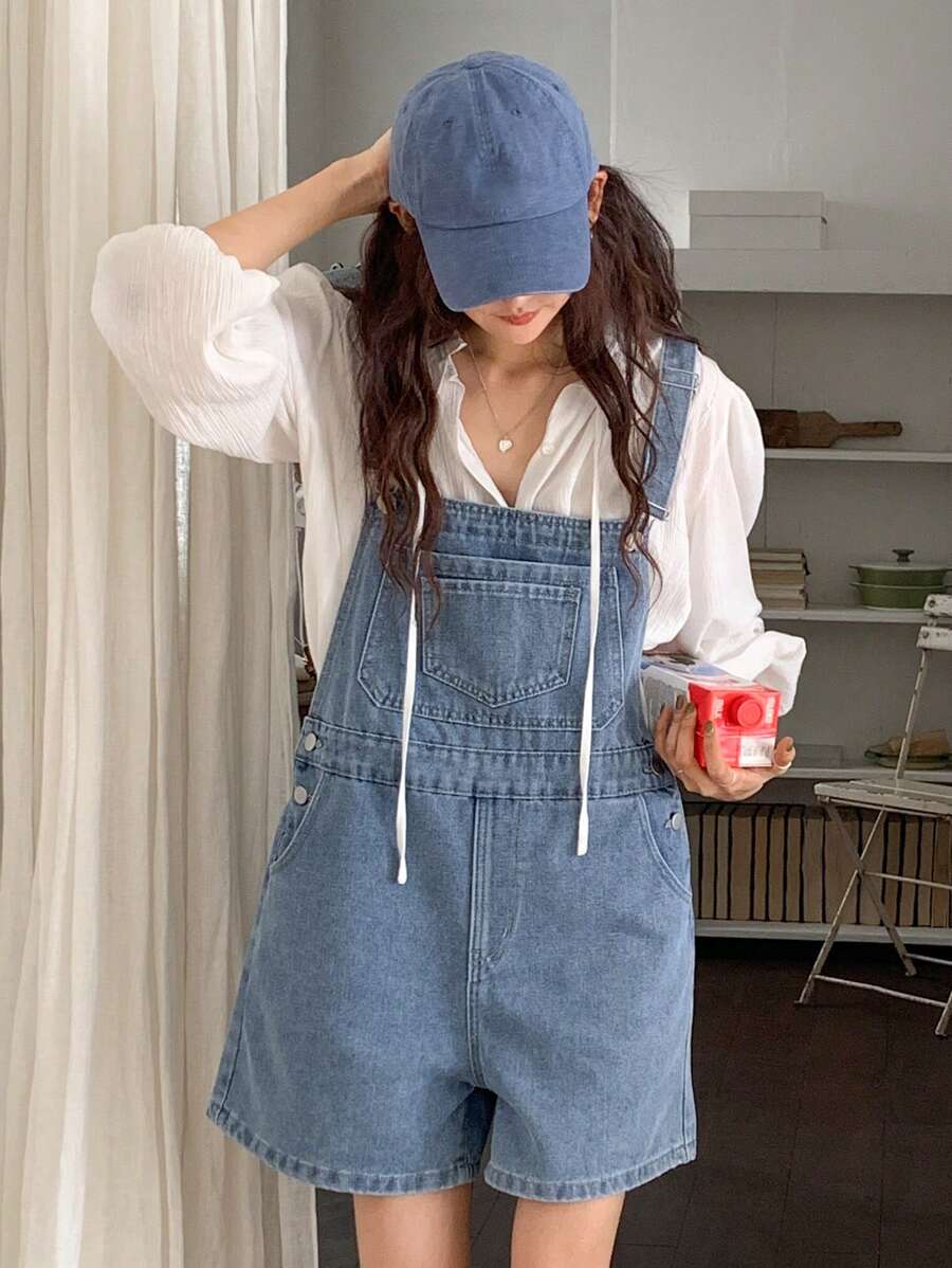 DAZY Women's Casual Washed Denim Overalls, Spring/Summer - Blue - View 1