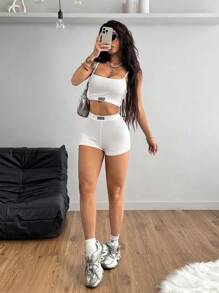 Coolane Women's Cool Street Style Ultra Cropped Tank Top And Branded Shorts Two Pieces Set - White - View 3