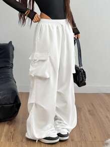 Coolane 黑色带盖口袋侧抽绳腰部降落伞工装裤 - 白色 - 查看 5