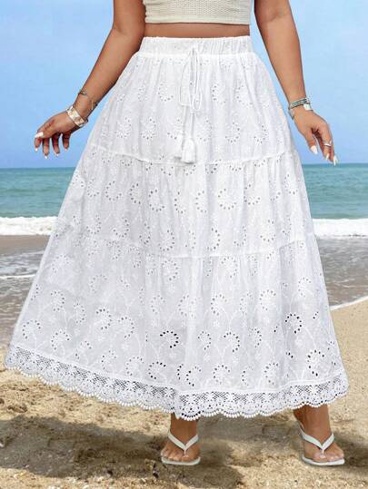 SHEIN Clasi Falda de estilo bohemio vintage con bordados y flecos, de estilo occidental, para mujer talla grande, casual para vacaciones, primavera y verano