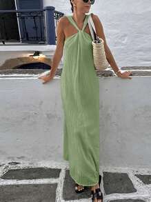 Vivid Eden Solid Color Woven Halter Dress For Women,S,For Summer Beach Vacation,Casual Style,Festival,Vacation Dress,Summer Outfits For Women,Beach Outfits For Women