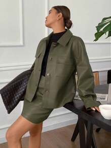 Siren Gaze 2pcs Women's Solid Color PU Leather Jacket With Pockets & Mini Skirt Set Winter Green Casual Christmas Spring