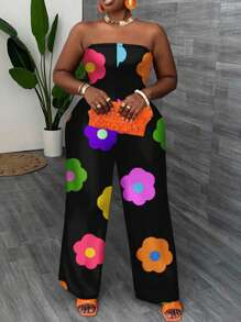 Slaydiva 休闲简约花卉印花露肩连体裤，一体式阔腿裤，加大码 - 彩色 - 查看 9