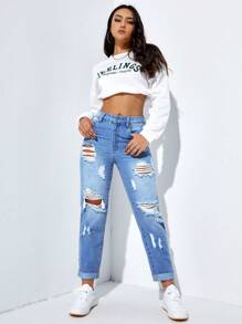 SHEIN EZwear 女式高腰七分破洞牛仔裤，带口袋，休闲 - 中等水洗藍 - 查看 4