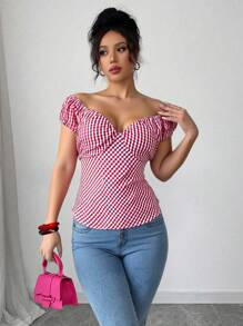 Camisa de tejido de cuadros rojos y blancos, de verano