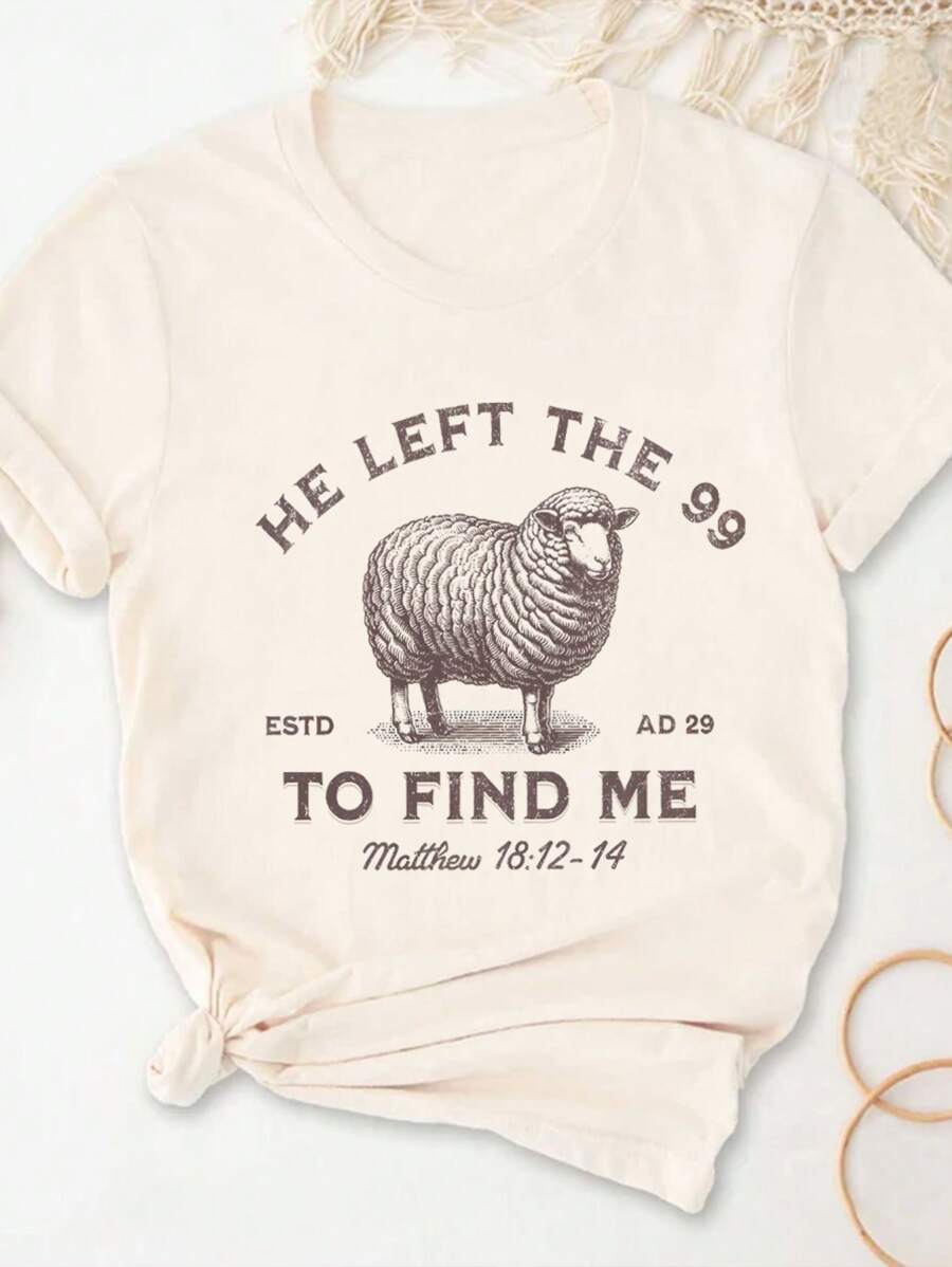 INAWLY 女款“主是我的牧羊人”基督教图案圆领运动衫，耶稣留下 99 来拯救我印花 T 恤 - 杏色 - 查看 1