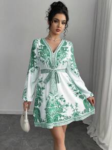 Chiquease Women's Vacation Floral Print Lantern Sleeve Fashion Dress - Green - View 4