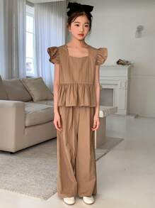 DAZY 2pcs Tween Girl) Woven Solid Color Short Sleeve Top And Wide Leg Pants Set, Spring/Summer - Khaki - View 3