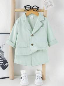 SHEIN 2pcs/Set Infant Boys/Girls Sage Green Summer Casual Long Sleeve Suit Jacket & Shorts Set,Gentleman Outfit,Wedding Guest,Christening,1st Birthday Party - Green - View 4