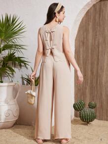 SHEIN Teen Girl Summer Apricot & Khaki Sleeveless Backless Bow Decor Loose Wide Leg Pants 2 Pieces Vacation Casual Outfits Set