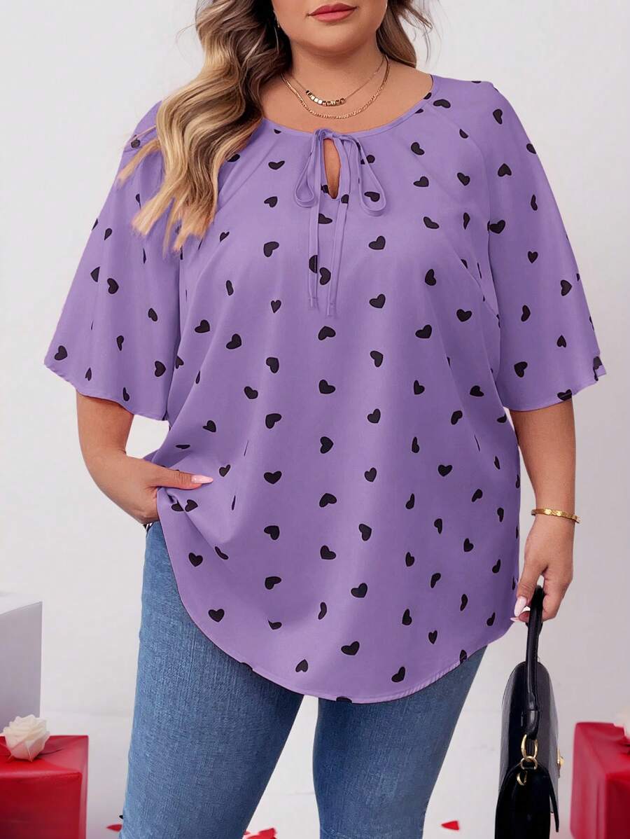 SHEIN CURVE+ 大码情人节心形印花长袖衬衫,适合春冬季 - 紫色 - 查看 1