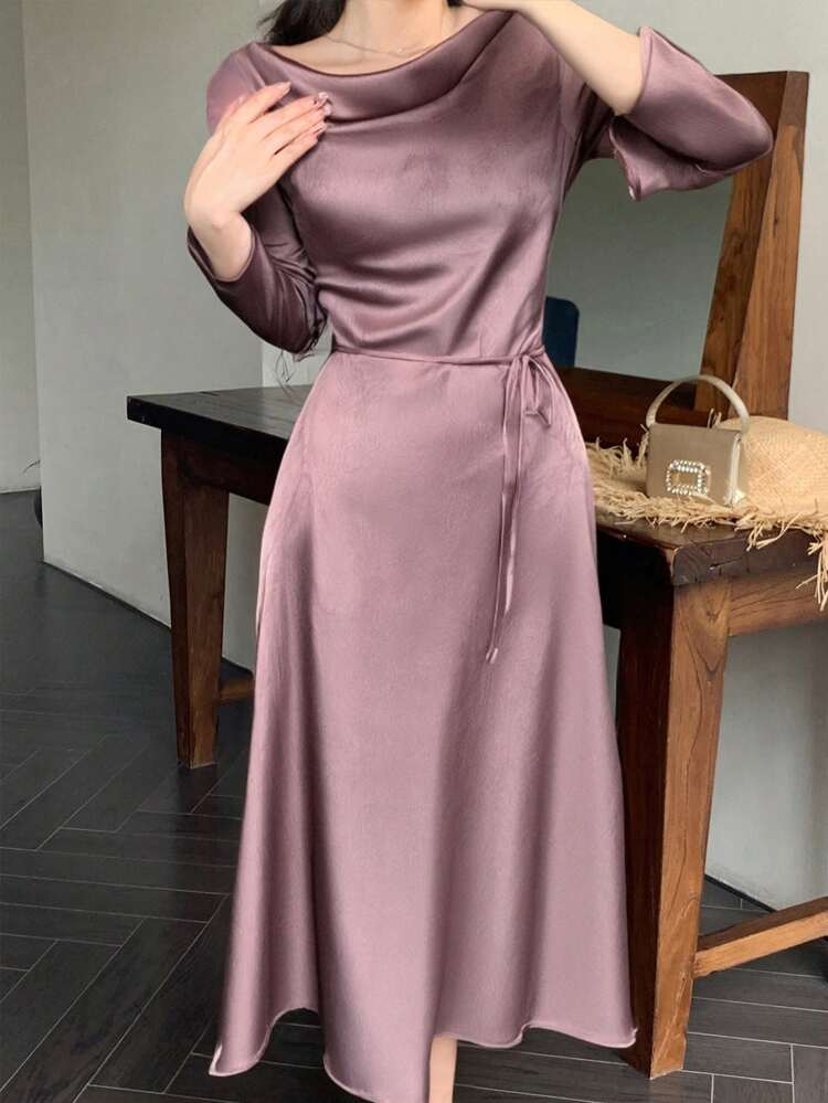 Solid Color Draped Collar Flared Sleeve Midi Dress For Women Elegant,Formal Women Dresses,Fall Dress Long Sleeve Dress