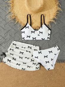 3pcs/Set Tween Girl Printed Random Splicing Bikini Swimwear - White - View 5