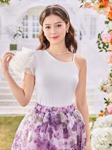 2pcs/Set Elegant Purple Ditsy Floral Sleeveless Top And Mini Skirt Set, Fashion Design For Teens - White - View 3