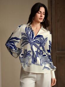 Anewsta Blusa/Camisa holgada con estampado colocado, estilo casual chic de vacaciones, adecuada para outfits de mujer en vacaciones, primavera/verano