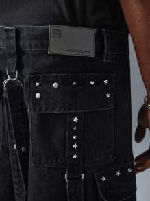 NEON BLANC 男士街头时尚铆钉宽松 3D 口袋拉链独特牛仔裤，街头服饰 - 黑色 - 查看 5