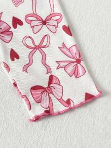 SHEIN 2 件套女婴幼儿 0-3 岁新品，可爱甜美休闲日常图案蝴蝶结罗纹针织圆领长袖修身 T 恤上衣和紧身裤，适合家居穿着 - 彩色 - 查看 6