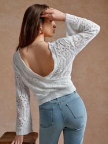 Écloséra 法式修身圆领长袖镂空米色针织套头衫女款，春夏针织套头衫秋冬 - 米色 - 查看 5