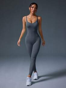 Slayform Slayform Women Solid Color Ruched Butt Yoga Jumpsuit With Straps - Dark Grey - View 8