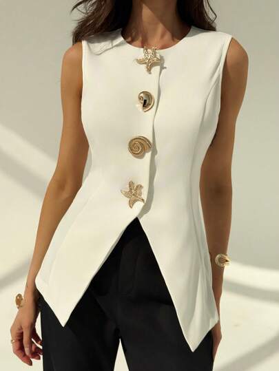 Normani بليزر نسائي بياقة مستديرة بدون أكمام، ديكور معدني بسيط، للمكتب والأعمال الرسمية الكاجوال في فصلي الخريف والشتاء