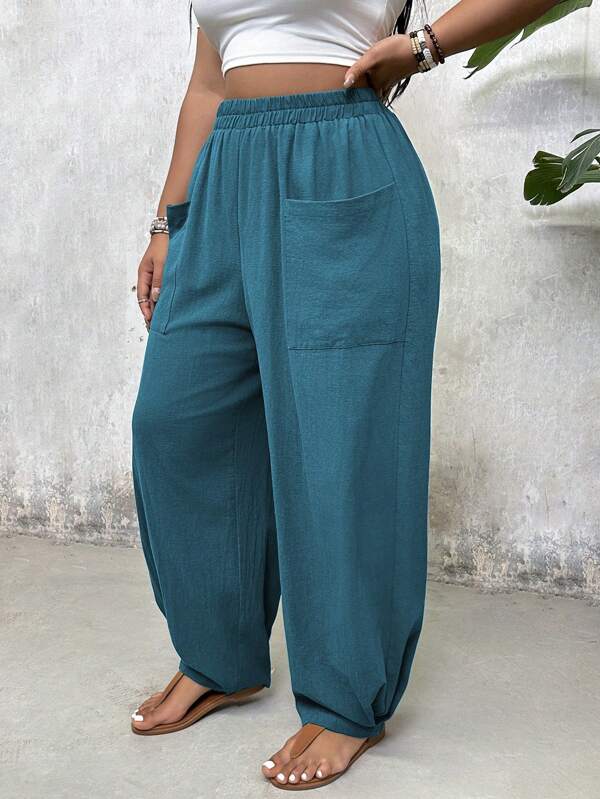 SHEIN VCAY Plus Size Women's Solid Color Casual Vacation Pocket Slim Leg Pants