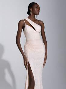 Elitara Vestido de cena formal, vestido de fiesta, vestido de noche, para evento de boda de invitado, elegante y hermoso con escote asimétrico de encaje con lentejuelas rosado, plisado, con abertura lateral alta y cola de pez - Rosa Pálido - Ver 1