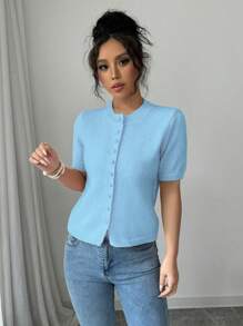 Gloray New Loose Fit Casual Knit Top, Pink Simplistic Button Decoration Short Sleeve Sweater For Women, Autumn/Winter
