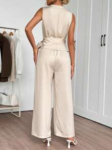 EMERY ROSE Women Solid Color Sleeveless Wrap Tie Top And Pants 2 Pieces Set - Apricot - View 7