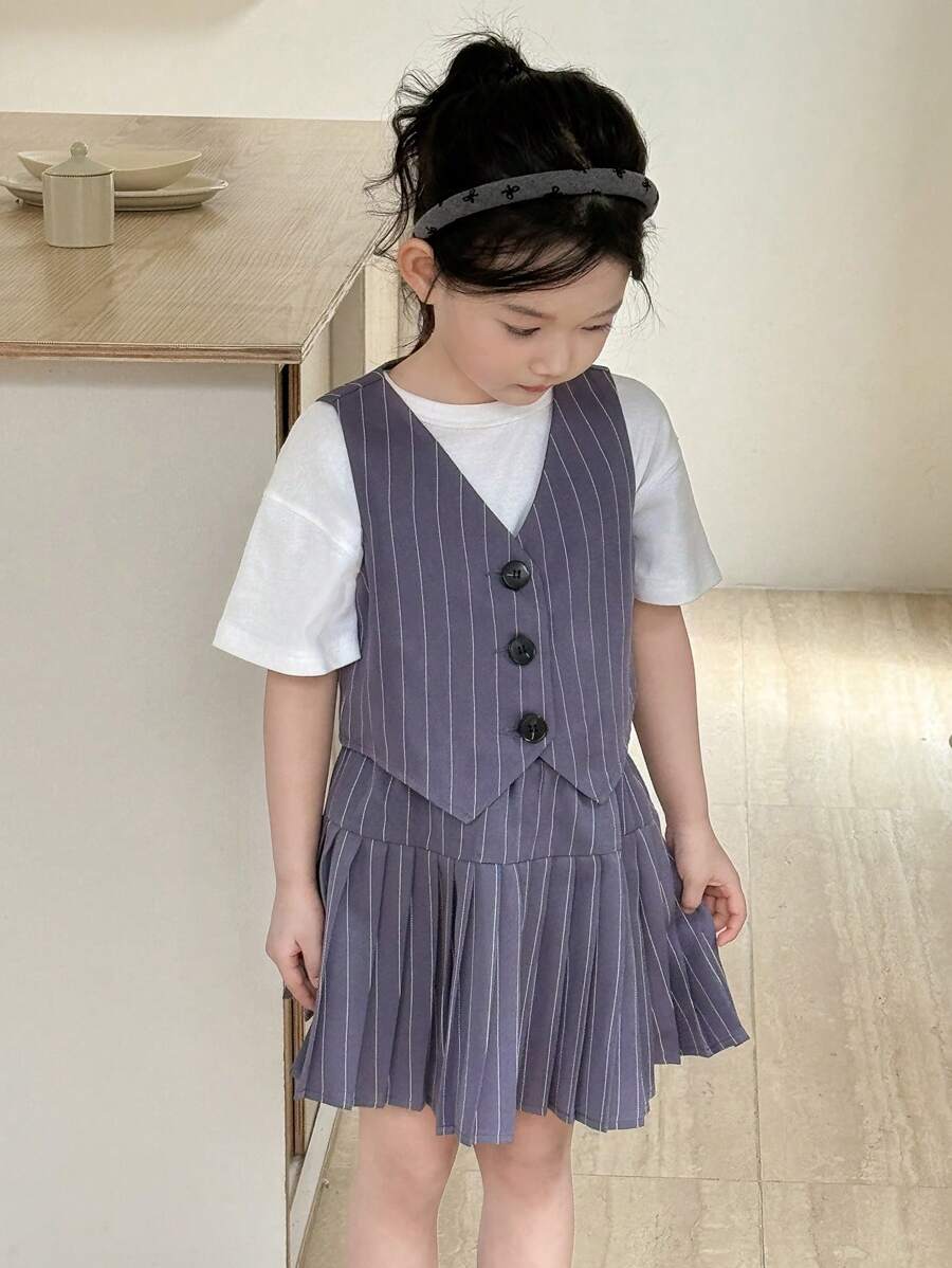 SHEIN 2 件套小女孩套装:梭织条纹上衣和休闲松紧腰裙小女孩 2 件套小女孩裤子套装女孩校服儿童校服,小女孩服装套装短袖春夏服装,春夏服装 - 金色 - 查看 1