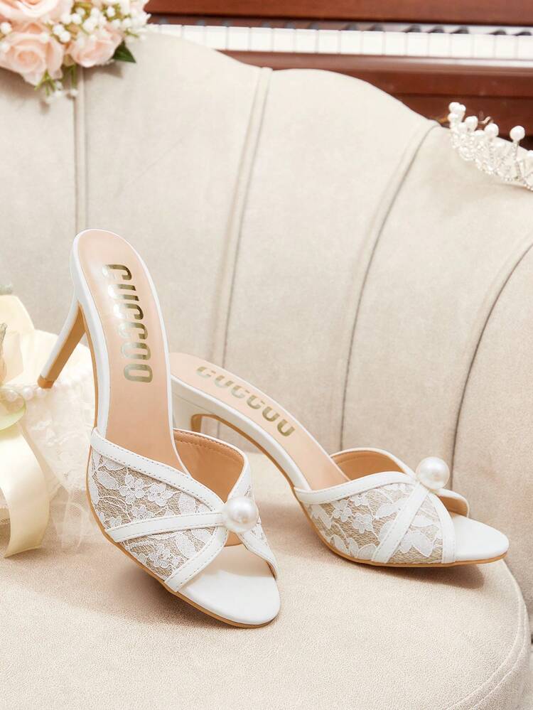 CUCCOO HITCHD Women's Round Toe Lace & Faux Pearl Decorated High Heel Sandals For Christmas Elegant Shoes Wedding Shoes Summer Shoes Bride Shoes