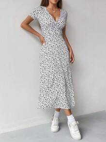 SHEIN PETITE Women Casual Ditsy Floral Waist Cinched Dress Maxi Women Outfit - Multicolor - View 3