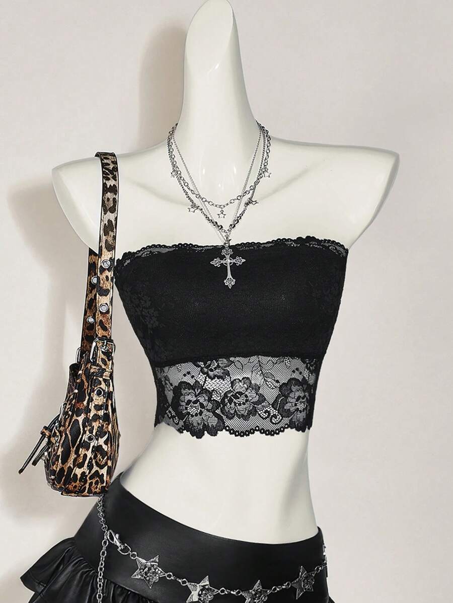 SHEIN ICON Sexy Lace Bandeau Top,Rave Top - Black - View 1