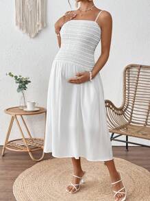 SHEIN White Boho Maternity Dress: Shirred Spaghetti Strap Midi Dress, Knee Length Casual Summer Dress For Women - White - View 2