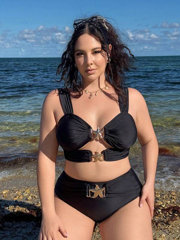 SHEIN Swim Curve Damen Große Größen 2-teiliges Set aus Schwarz, mit Zugband, abnehmbaren Trägern, sexy, modisch, Lässig Resort Bademode
