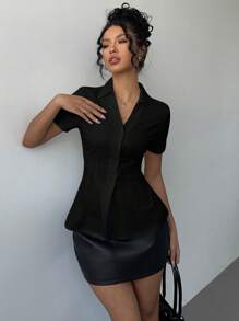 Siren Gaze 女士纽扣褶皱修身优雅纯色衬衫、白衬衫、女士商务休闲装、办公室警笛衬衫、情人节约会上衣、白领衬衫