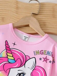 Young Girls Pink Colorful Unicorn Ruffle Short Sleeve T-Shirt With Elastic Waist Shorts Set, Casual For Summer Daily Wear