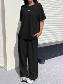 Muchica 女士棉质休闲宽松 T 恤和阔腿裤 2 件套 - 黑色 - 查看 4