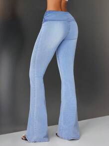 SHEIN ICON Women's Folded Waist Flare Casual Versatile Denim Pants