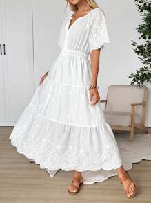 EMERY ROSE 女士度假蜡染刺绣 V 领休闲长裙 - 白色 - 查看 7