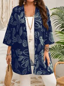EMERY ROSE Áo khoác Boho tay 3/4 in họa tiết xanh đầu xuân cỡ lớn cho nữ - Màu xanh hải quân - Xem 4