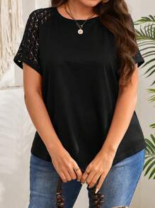 EMERY ROSE 大码女式早春短袖酒红色蕾丝拼布 T 恤