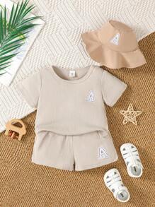 Baby Jungen Gestricktes 3 Stücke Outfit Lässig mit T-Shirt, Shorts und Hut, geeignet für den Sommer