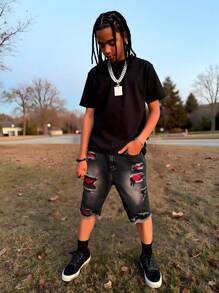 Teenage Boys' Casual Denim Shorts, New Fashion Simple Versatile Ripped Washed Mid-Length Jean Shorts - Black - View 1