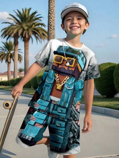 SHEIN Tween Boy Casual Cool Cartoon War Leader Pixel Man Graphic Print Round Neck Short Sleeve T-Shirt And Shorts 2 Pieces Set, Summer