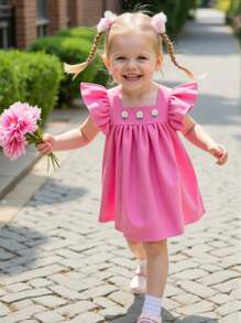 1 Stück Baby Mädchen Kleid mit Puffärmeln, quadratischem Ausschnitt, bestickter Taille, modisch, lässig, Alltagskleidung, weich und bequem, süßes Blumenmuster, neuer Sommerstil - Heißes Pink - Übersicht 1