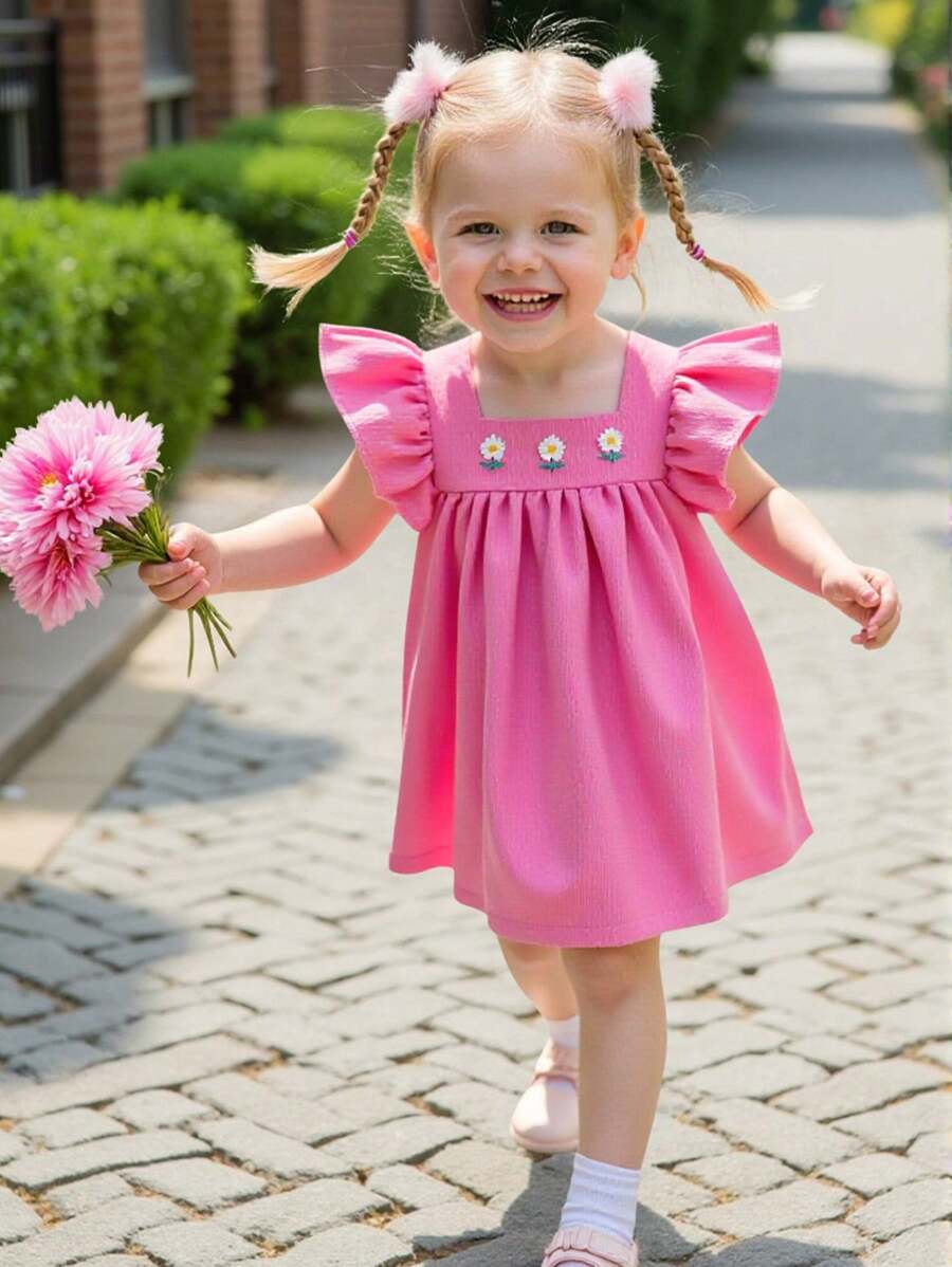 1 Stück Baby Mädchen Kleid mit Puffärmeln, quadratischem Ausschnitt, bestickter Taille, modisch, lässig, Alltagskleidung, weich und bequem, süßes Blumenmuster, neuer Sommerstil - Heißes Pink - Übersicht 1