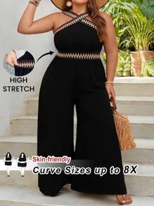 SHEIN CURVE+ Plus Size Women's Vacation Criss-Cross Wavy Striped Halter Neck Loose Wide Leg Jumpsuit Boho Vacation - Black - View 1